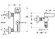 HANSATEMPRA, Brausebatterie mit separater Sicherungseinrichtung, zwei Anschlussmöglichkeiten, seitlicher Hebel und Messing-Oberfläche. Diagramm zeigt Maße und Anschlüsse.